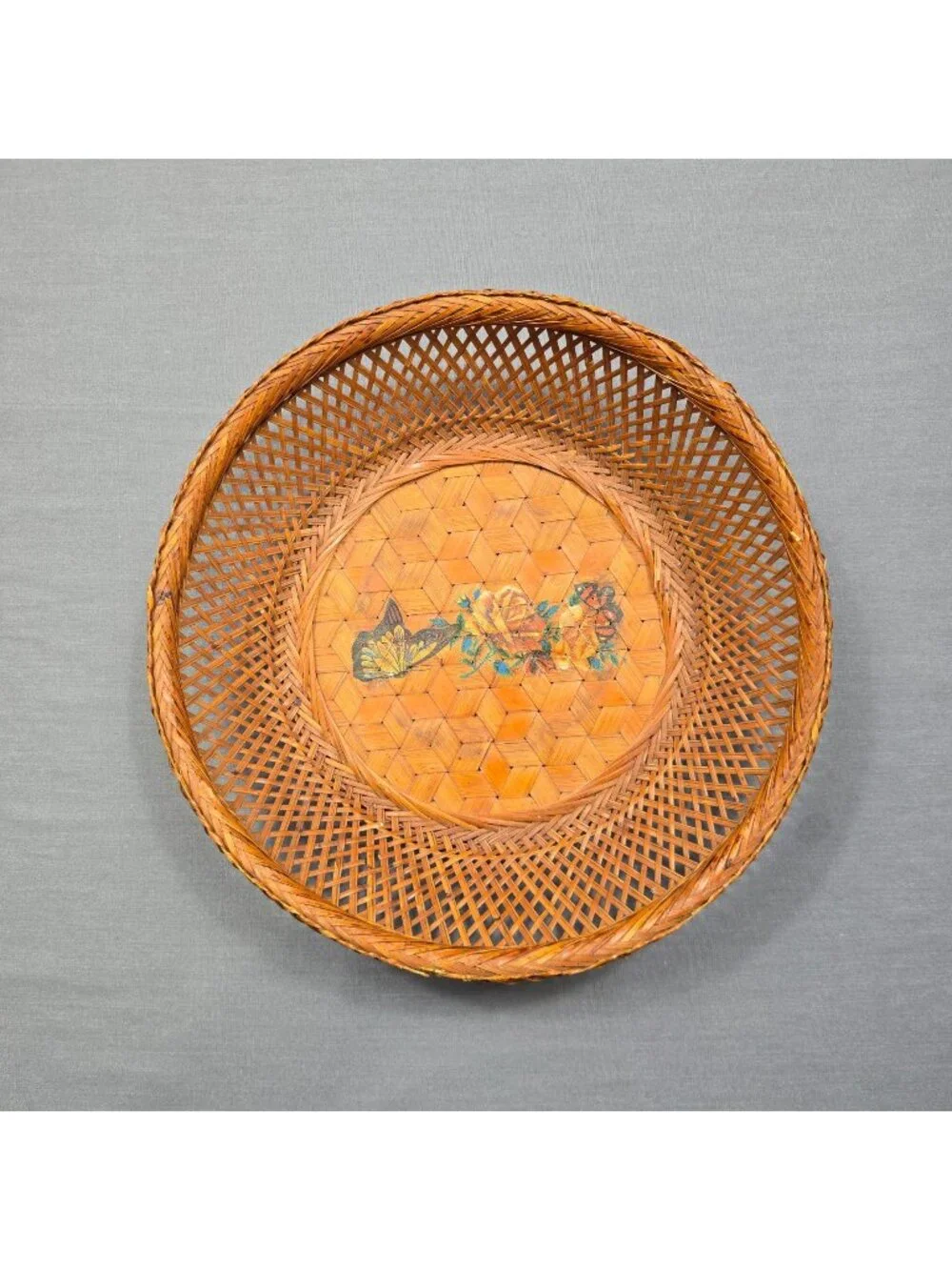 Vintage Woven Bamboo Basket Floral Butterfly Painted Round 11 Inch Wall Decor